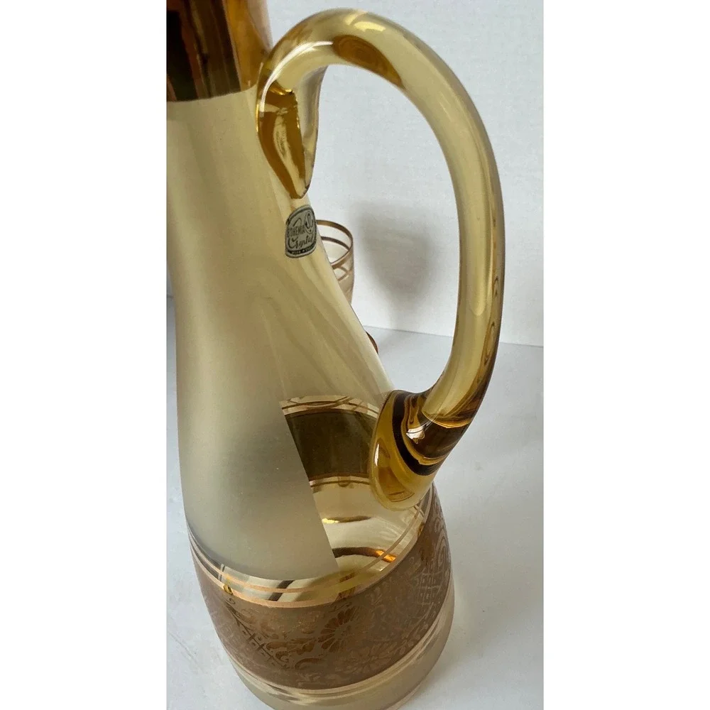 Bohemia Crystal Vintage Amber Glass Decanter Set Gold‎ Encrusted Floral 5pc MCM